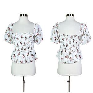 NEW J. Crew | Strawberry Floral White Cotton Puff Sleeve Smocked Peplum Top M